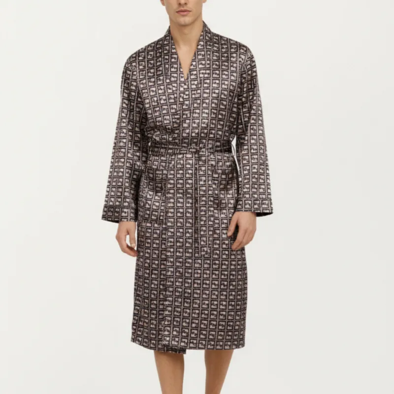Anna-Kaci Men's Satin Robe with Geometric Square Pattern and Waist Tie Belt sold by Anna-Kaci