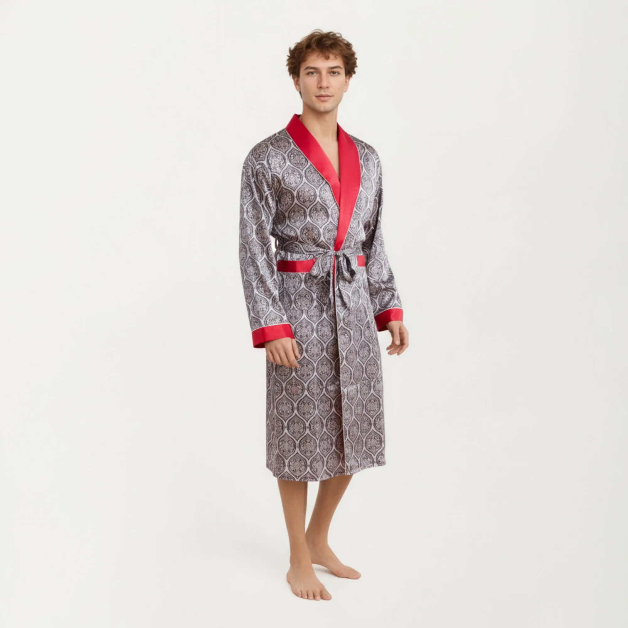 Anna-Kaci Men's Satin Robe with Ornate Medallion Pattern and Contrast Trim Details sold by Anna-Kaci product image thumbnail 3