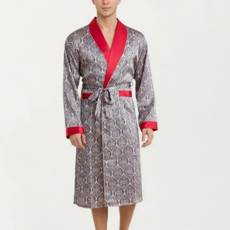 Anna-Kaci Men's Satin Robe with Ornate Medallion Pattern and Contrast Trim Details sold by Anna-Kaci