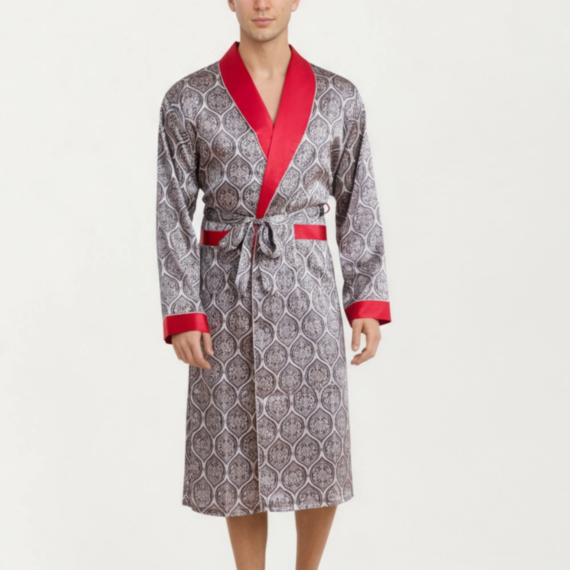 Anna-Kaci Men's Satin Robe with Ornate Medallion Pattern and Contrast Trim Details sold by Anna-Kaci