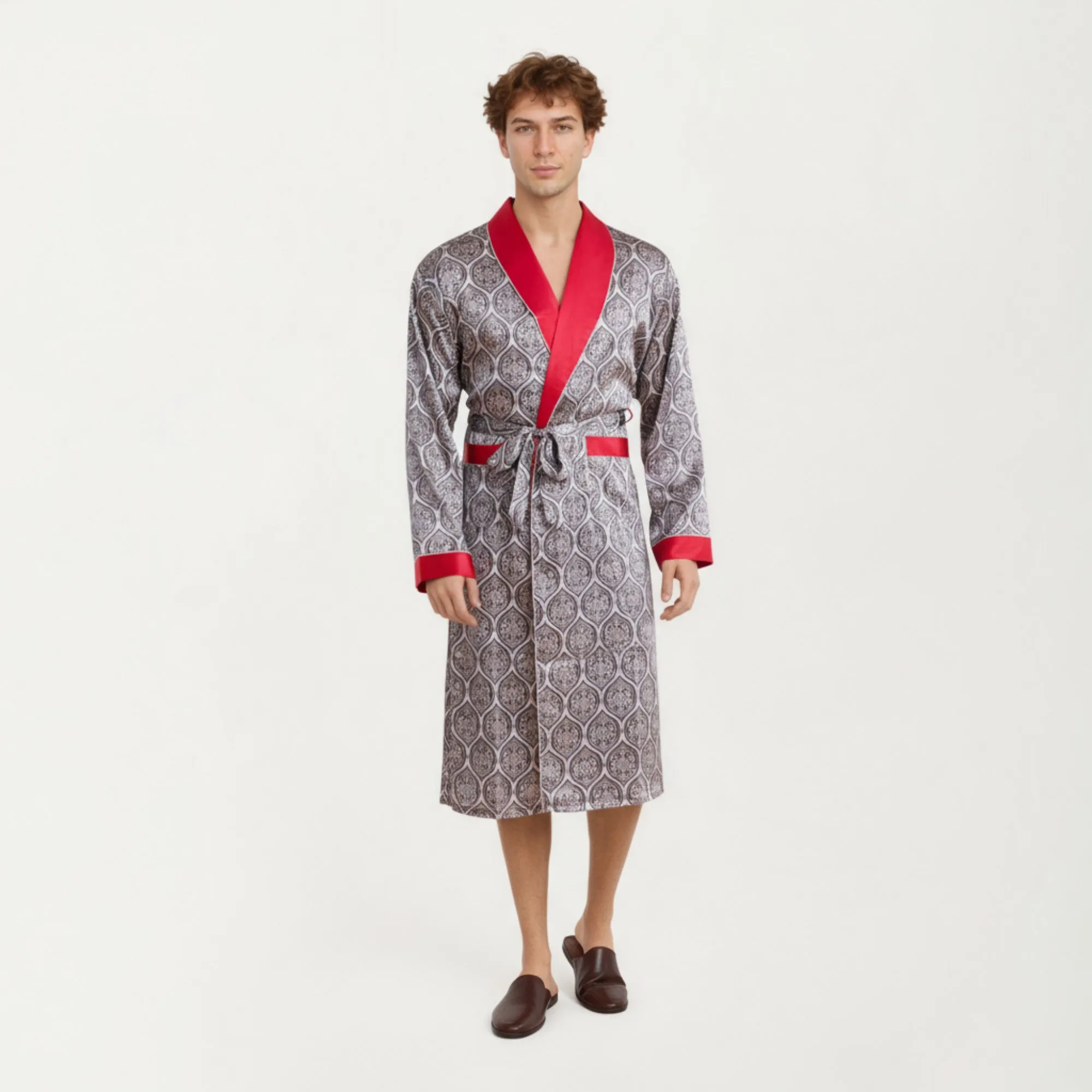 Anna-Kaci Men's Satin Robe with Ornate Medallion Pattern and Contrast Trim Details sold by Anna-Kaci product image thumbnail 2