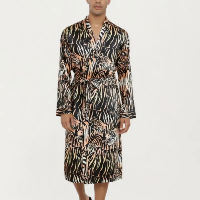 Anna-Kaci Men's Satin Robe with Tiger Print Design and Adjustable Waist Tie sold by Anna-Kaci