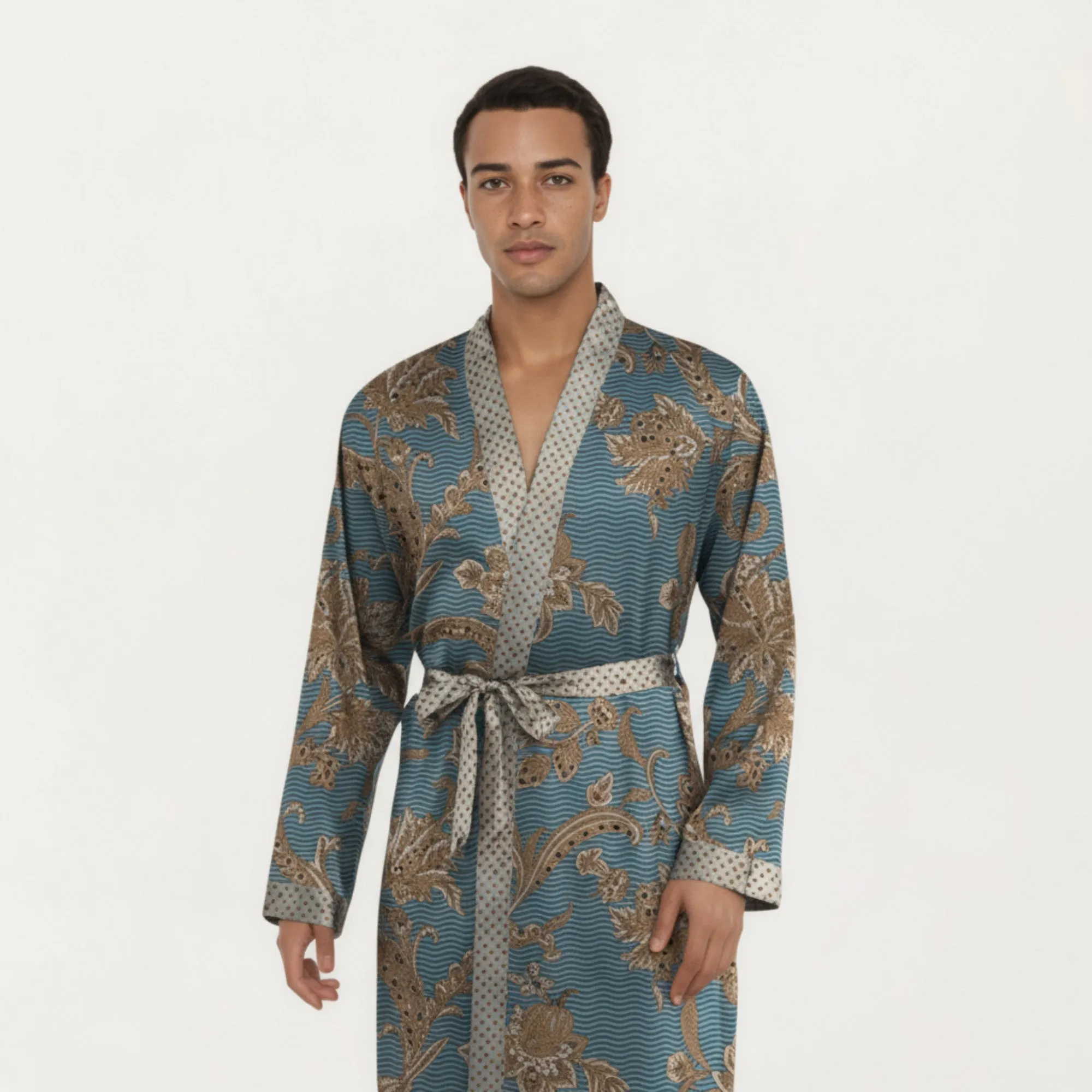 Anna-Kaci Men's Satin Robe with Floral Baroque Pattern and Contrast Trim Belt sold by Anna-Kaci product image thumbnail 4