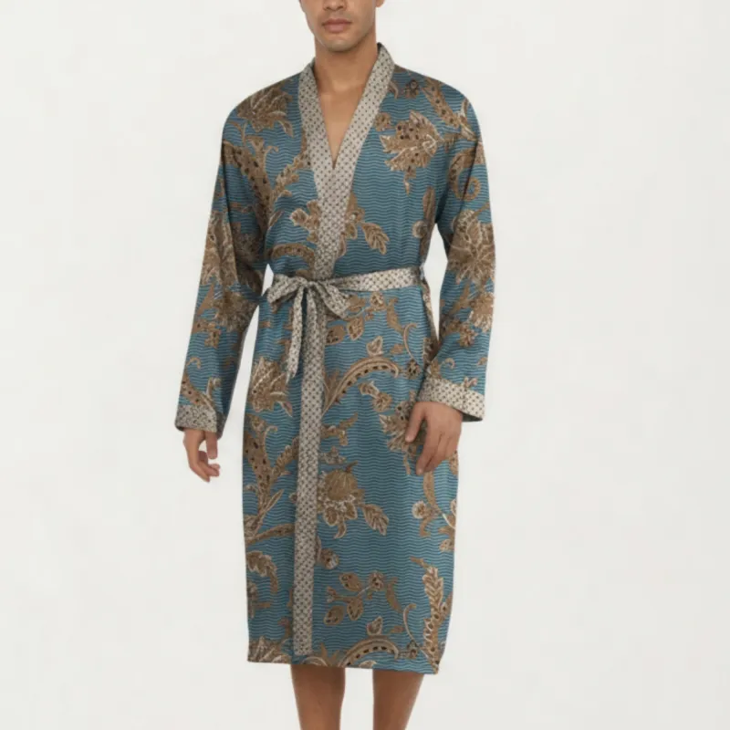 Anna-Kaci Men's Satin Robe with Floral Baroque Pattern and Contrast Trim Belt sold by Anna-Kaci