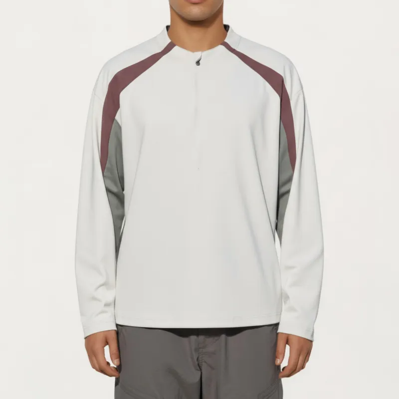 Anna-Kaci Men's Long Sleeve Quarter Zip Pullover with Contrast Shoulder Panels and Stand Collar sold by Anna-Kaci
