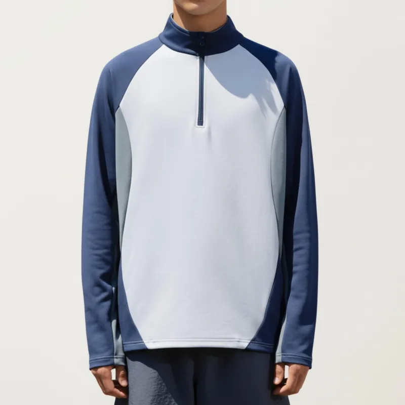 Anna-Kaci Men's Long Sleeve Quarter Zip Pullover with Color Block Panels and Stand Collar sold by Anna-Kaci