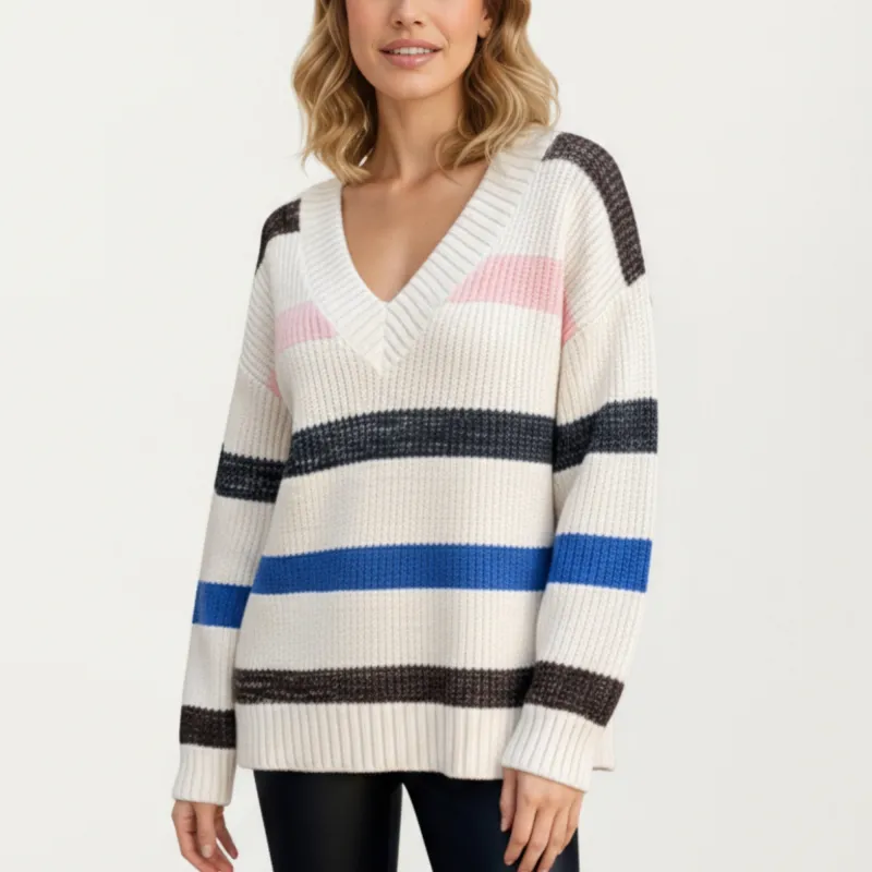 Anna-Kaci Women's V-Neck Long Sleeve Ribbed Knit Sweater with Bold Multi-Color Horizontal Stripes sold by Anna-Kaci
