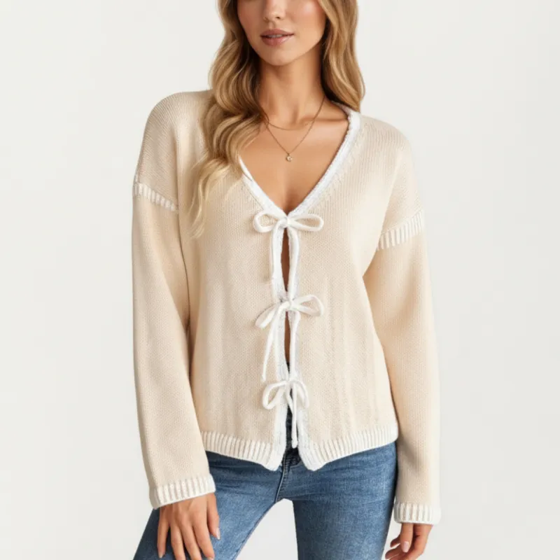 Anna-Kaci Women's Long Sleeve Knit Cardigan Top with Front Tie Bow Closures and Contrast Trim sold by Anna-Kaci