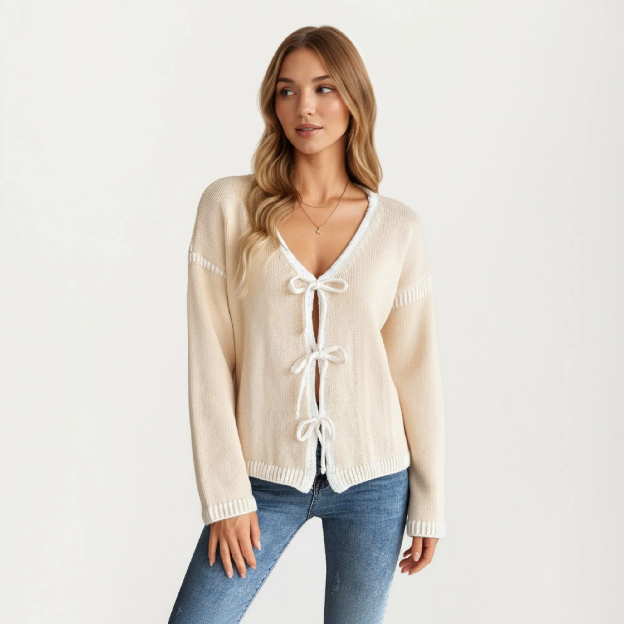 Anna-Kaci Women's Long Sleeve Knit Cardigan Top with Front Tie Bow Closures and Contrast Trim sold by Anna-Kaci product image thumbnail 2