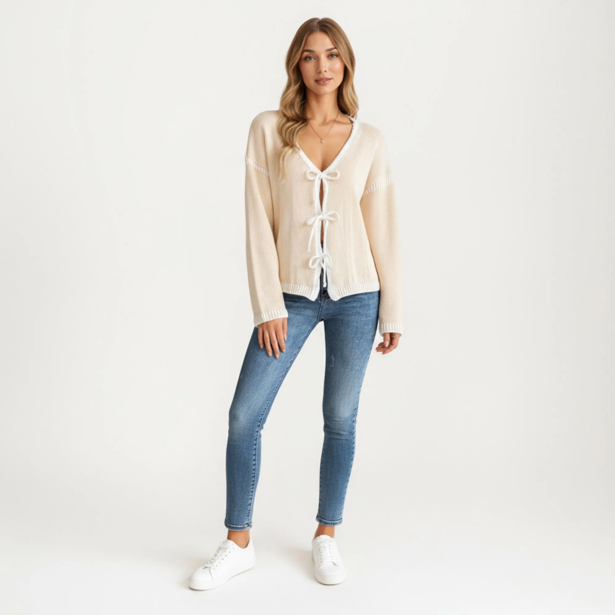 Anna-Kaci Women's Long Sleeve Knit Cardigan Top with Front Tie Bow Closures and Contrast Trim sold by Anna-Kaci product image thumbnail 3