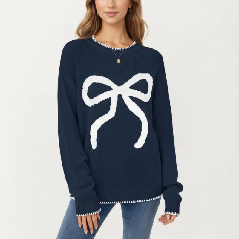 Anna-Kaci Women's Long Sleeve Knit Sweater with Textured Bow Front Detail and Ribbed Trim sold by Anna-Kaci