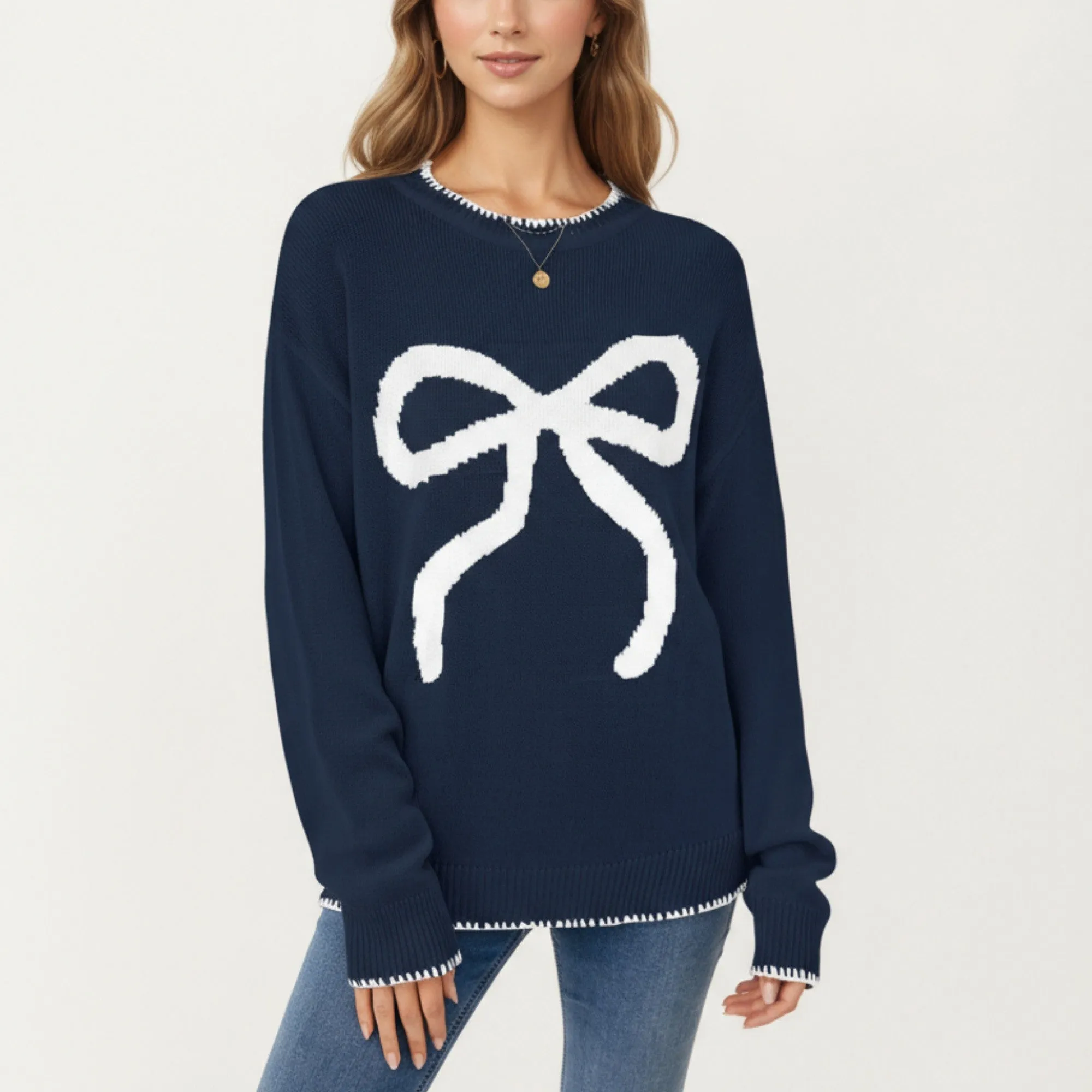 Anna-Kaci Women's Long Sleeve Knit Sweater with Textured Bow Front Detail and Ribbed Trim sold by Anna-Kaci