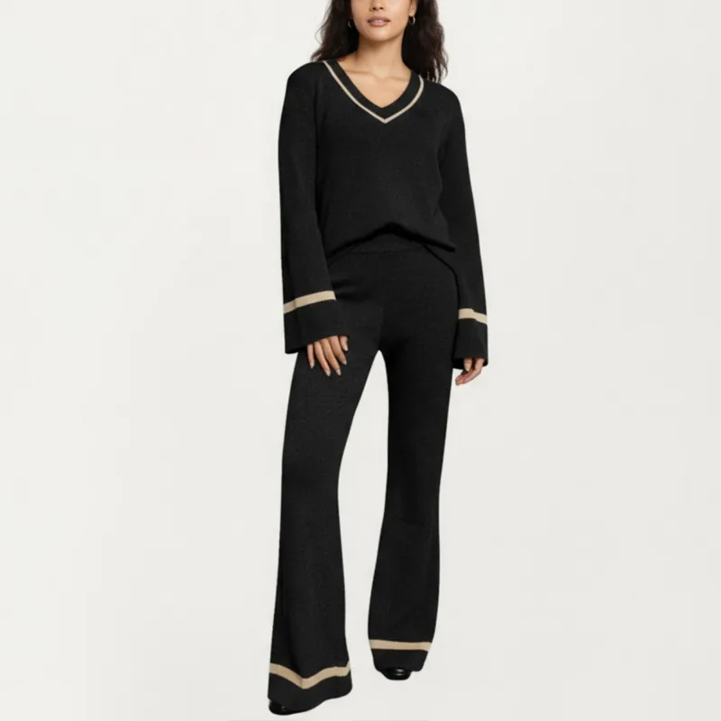 Anna-Kaci Women's 2-Piece Set Knit V-Neck Top and Flare Pants with Contrast Trim Details sold by Anna-Kaci