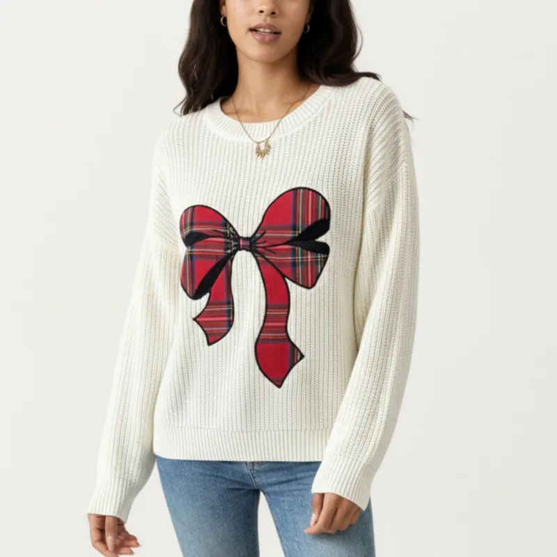 Anna-Kaci Women's Long Sleeve Knit Sweater with Plaid Bow Front Detail and Ribbed Hem sold by Anna-Kaci
