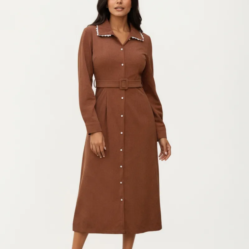 Anna-Kaci Women's Long Sleeve Button-Down Midi Dress with Belted Waist and Contrast Trim Collar sold by Anna-Kaci