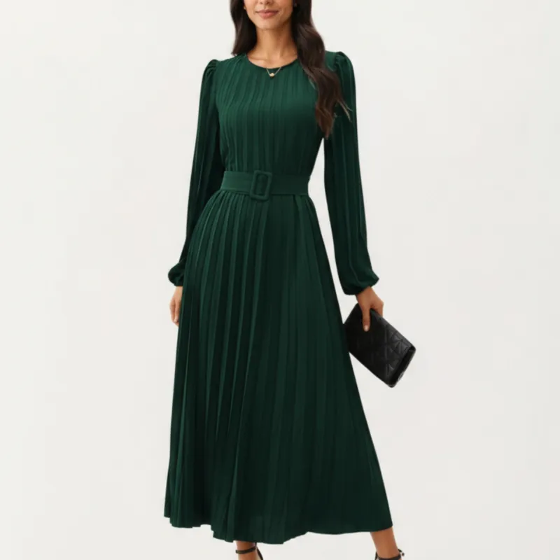 Anna-Kaci Women's Long Sleeve Pleated Midi Dress with Belted Waist and Crew Neck sold by Anna-Kaci
