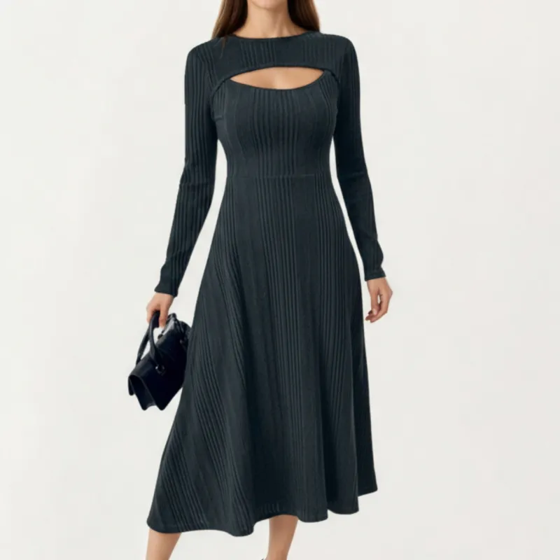 Anna-Kaci Women's Long Sleeve Ribbed Knit Midi Dress with Front Cutout and Flared Hem sold by Anna-Kaci