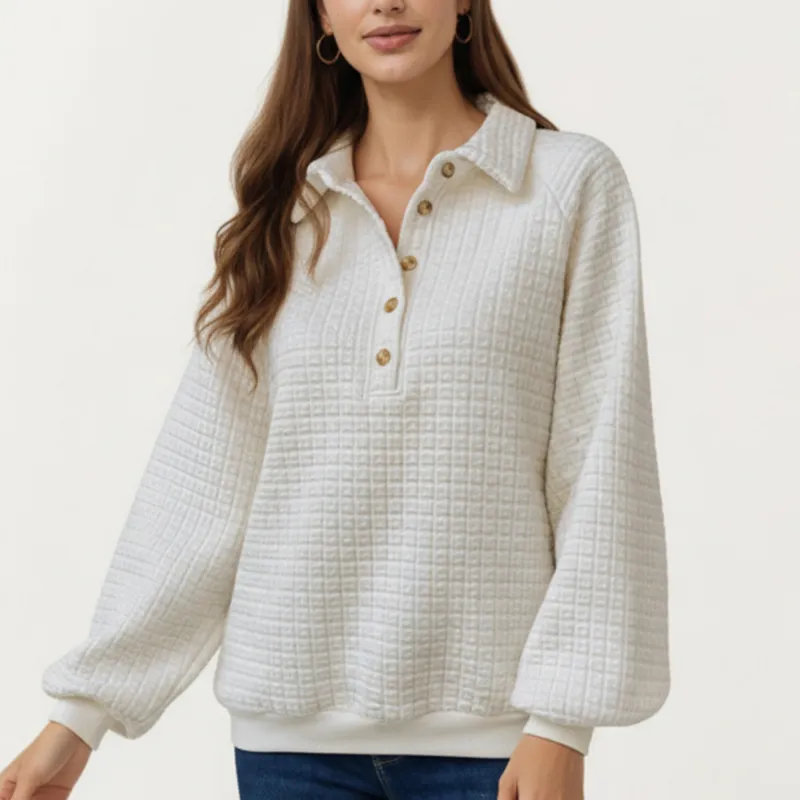 Anna-Kaci Women's Long Sleeve Waffle Knit Pullover Top with Button Placket and Collared Neckline sold by Anna-Kaci