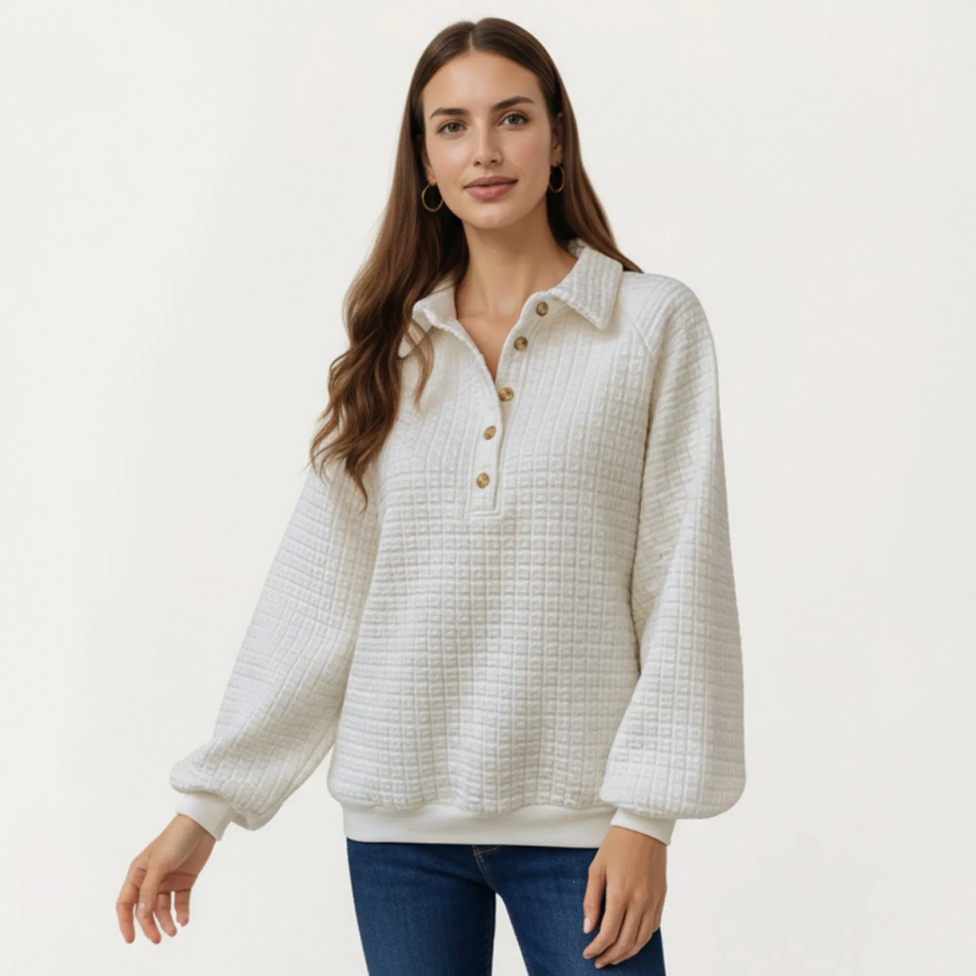 Anna-Kaci Women's Long Sleeve Waffle Knit Pullover Top with Button Placket and Collared Neckline sold by Anna-Kaci product image thumbnail 2