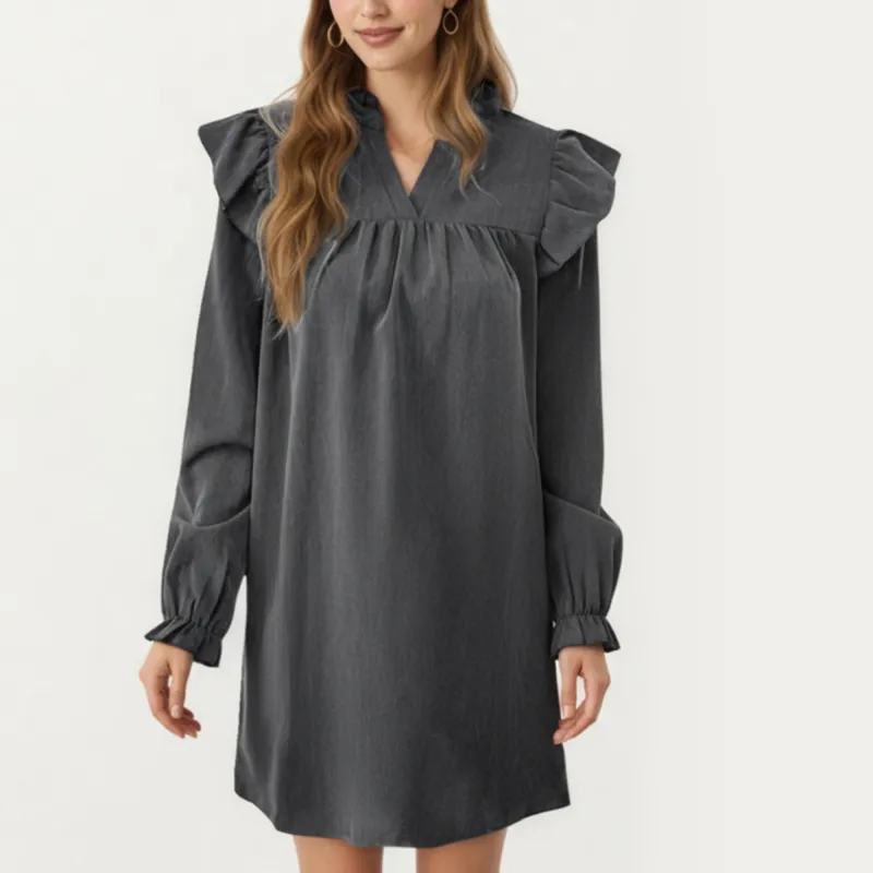 Anna-Kaci Women's Long Sleeve Ruffle Shoulder Mini Dress with V-Neckline and Relaxed Fit sold by Anna-Kaci