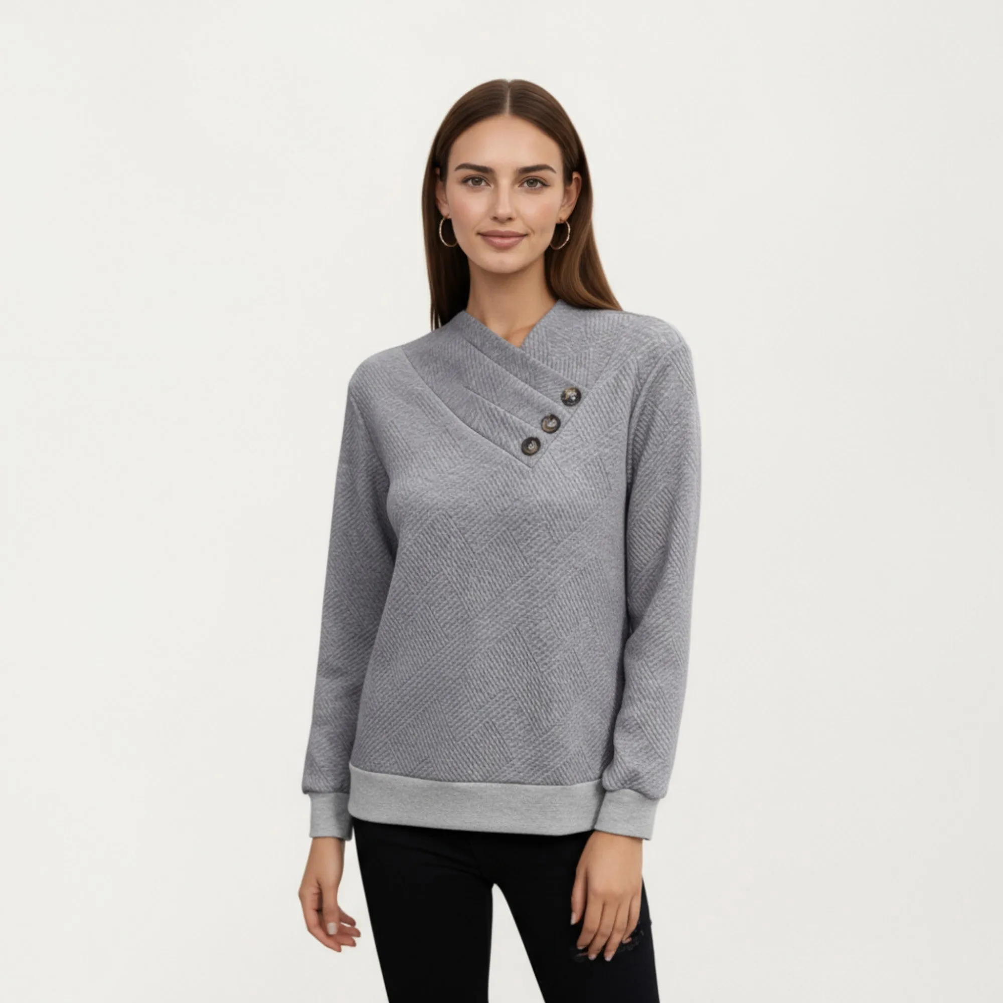 Anna-Kaci Women's Long Sleeve Textured Knit Pullover Top with Asymmetrical Button Detail and Ribbed Hem sold by Anna-Kaci product image thumbnail 2