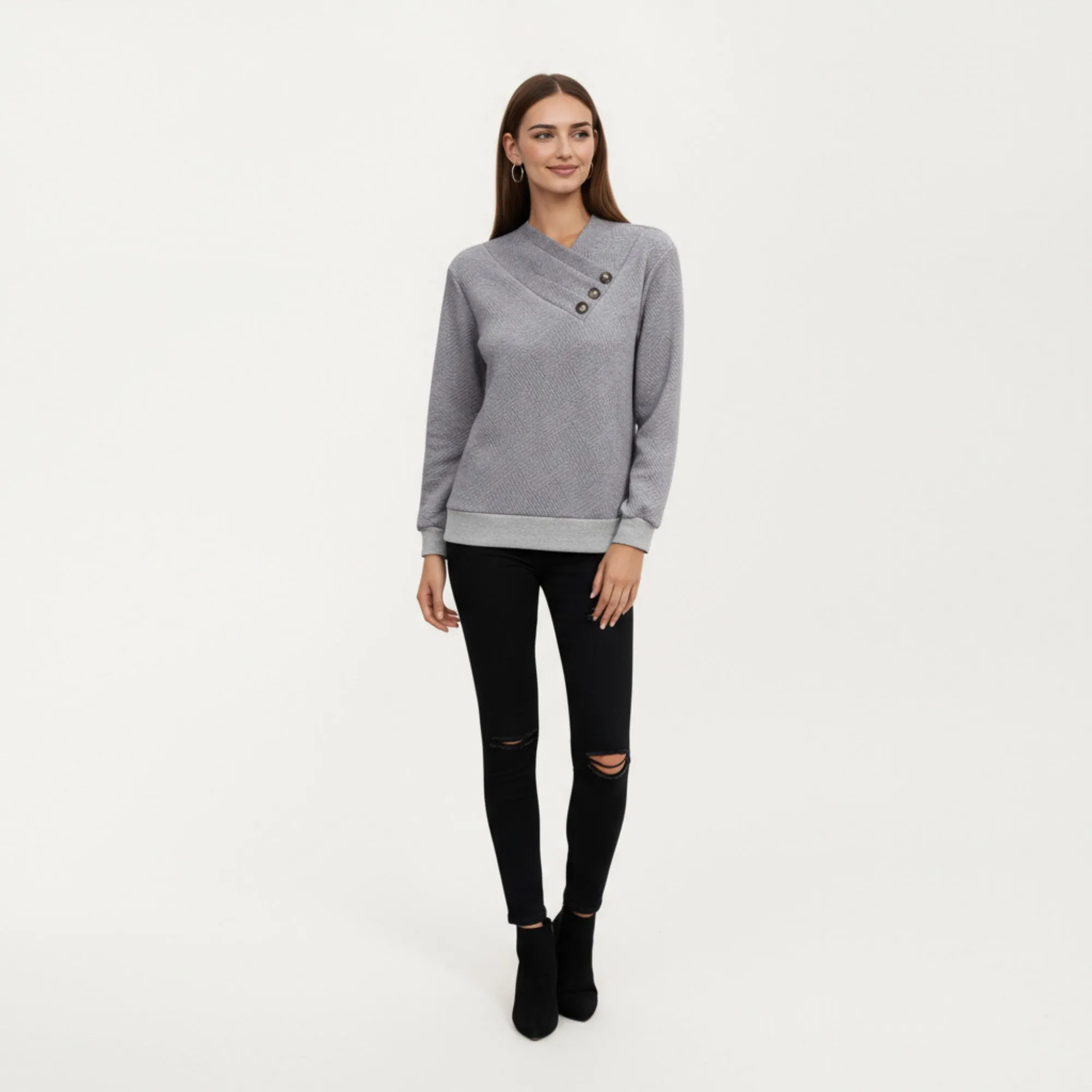 Anna-Kaci Women's Long Sleeve Textured Knit Pullover Top with Asymmetrical Button Detail and Ribbed Hem sold by Anna-Kaci product image thumbnail 3