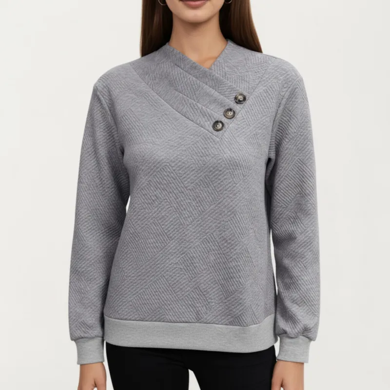 Anna-Kaci Women's Long Sleeve Textured Knit Pullover Top with Asymmetrical Button Detail and Ribbed Hem sold by Anna-Kaci