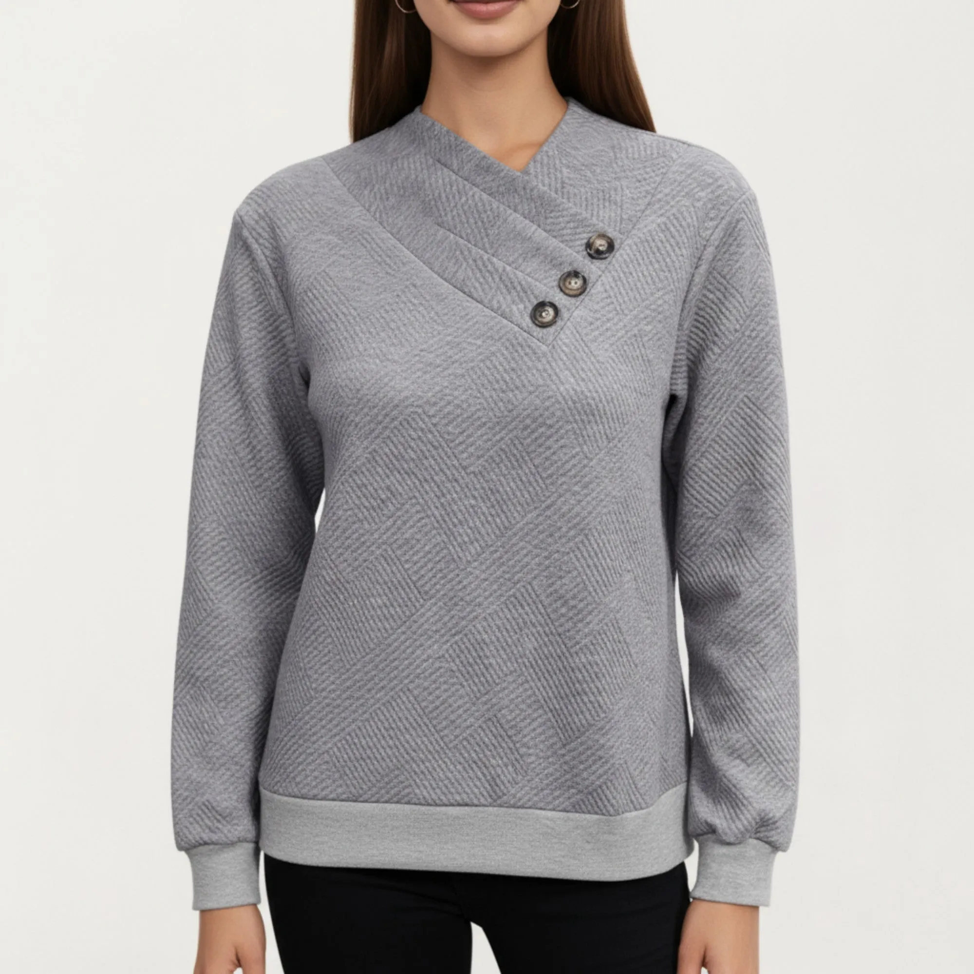 Anna-Kaci Women's Long Sleeve Textured Knit Pullover Top with Asymmetrical Button Detail and Ribbed Hem sold by Anna-Kaci