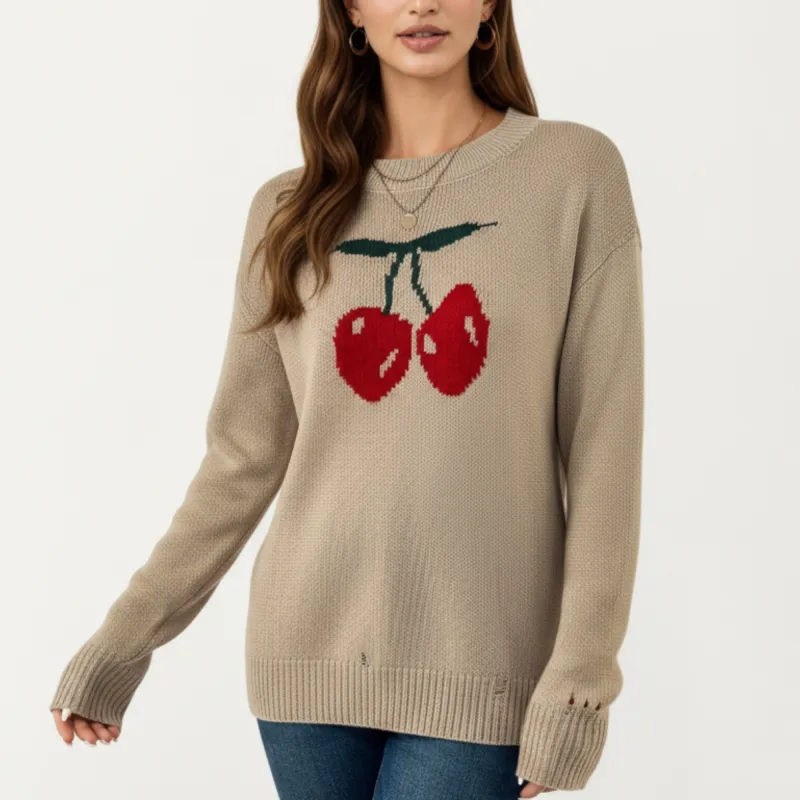 Anna-Kaci Women's Long Sleeve Knit Pullover Sweater with Cherry Graphic Design and Relaxed Fit sold by Anna-Kaci