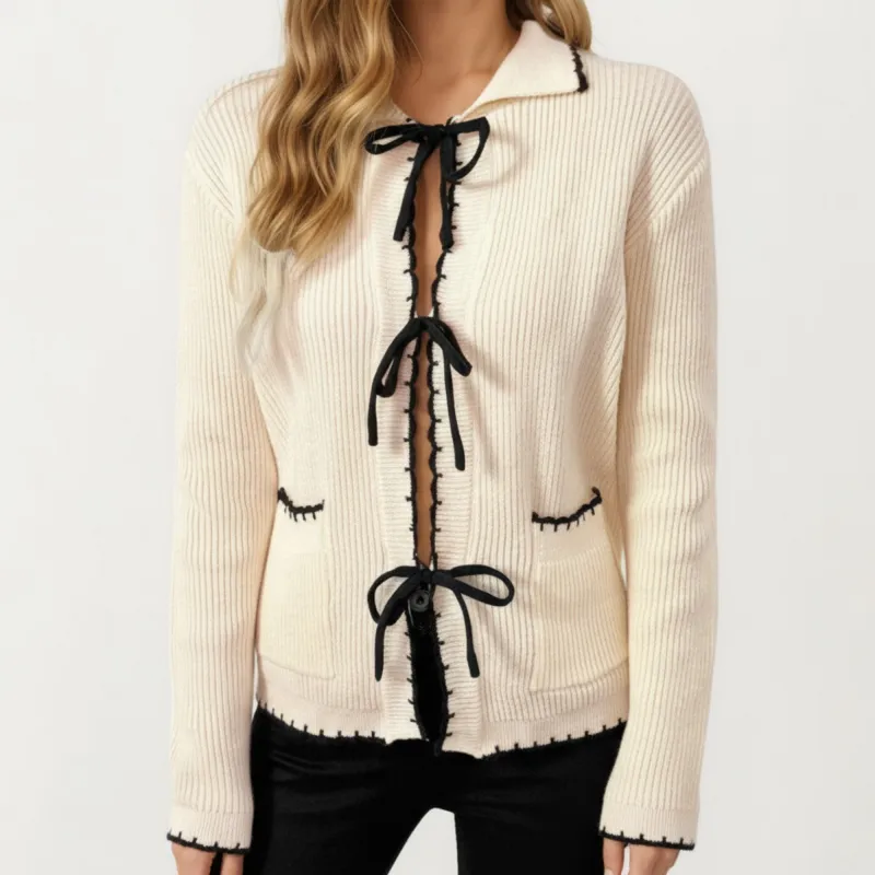 Anna-Kaci Women's Long Sleeve Rib Knit Cardigan with Contrast Trim and Front Bow Tie Closures sold by Anna-Kaci