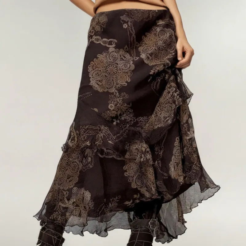 Anna-Kaci Women's Bohemian Asymmetrical Midi Skirt with Ruffled Hem and Vintage Lace Print sold by Anna-Kaci
