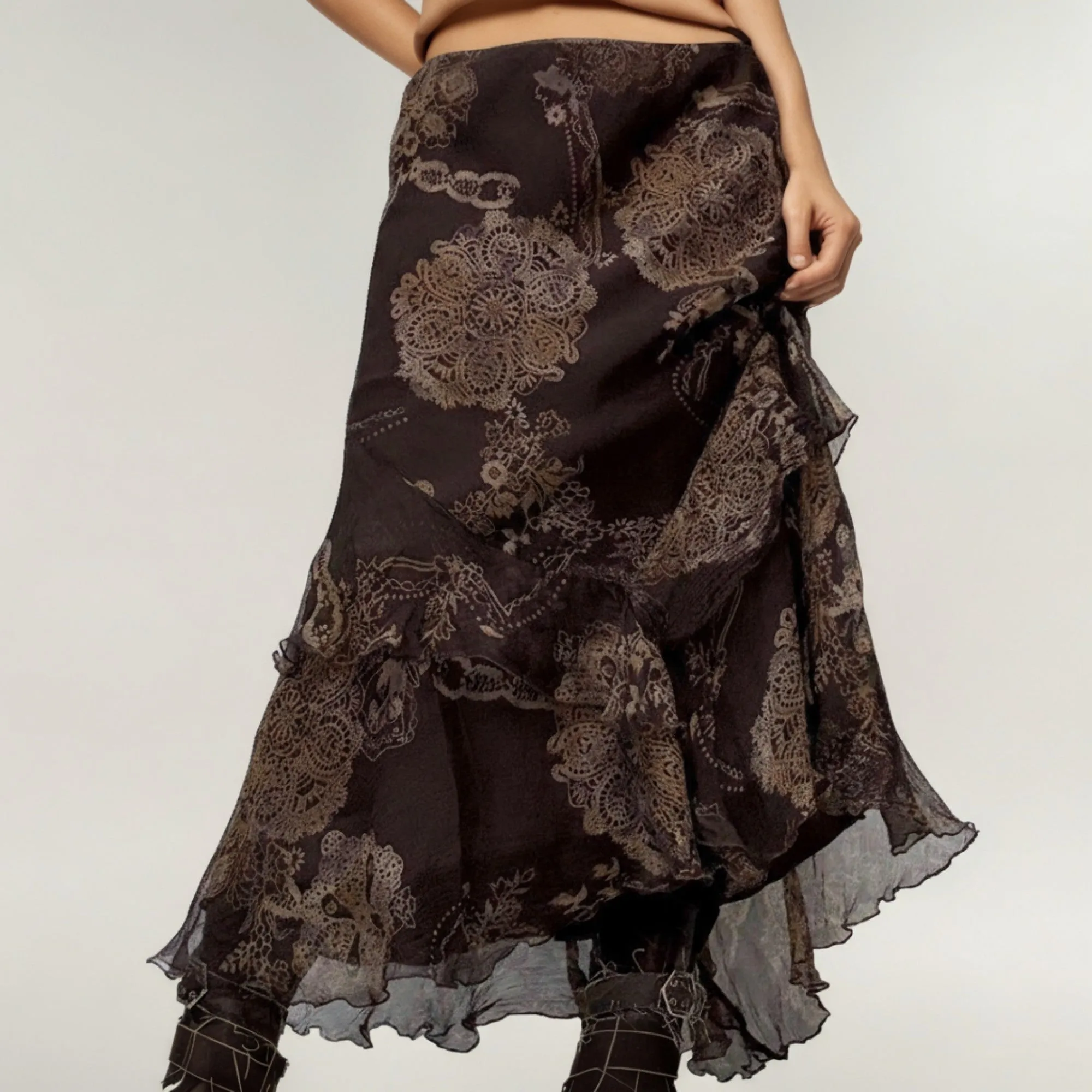 Anna-Kaci Women's Bohemian Asymmetrical Midi Skirt with Ruffled Hem and Vintage Lace Print sold by Anna-Kaci