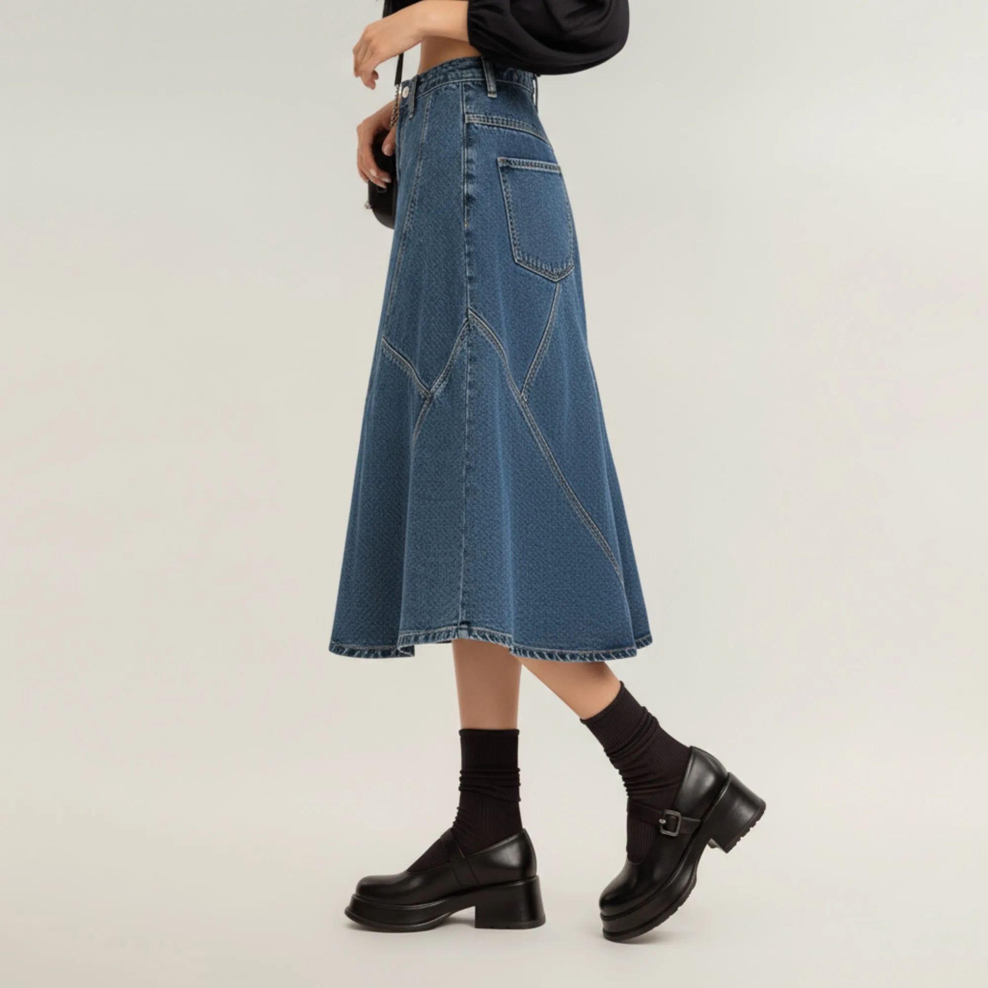 Anna-Kaci Women's High Waist Denim Midi Skirt with Patchwork Seam Detailing and Flared Silhouette sold by Anna-Kaci product image thumbnail 3