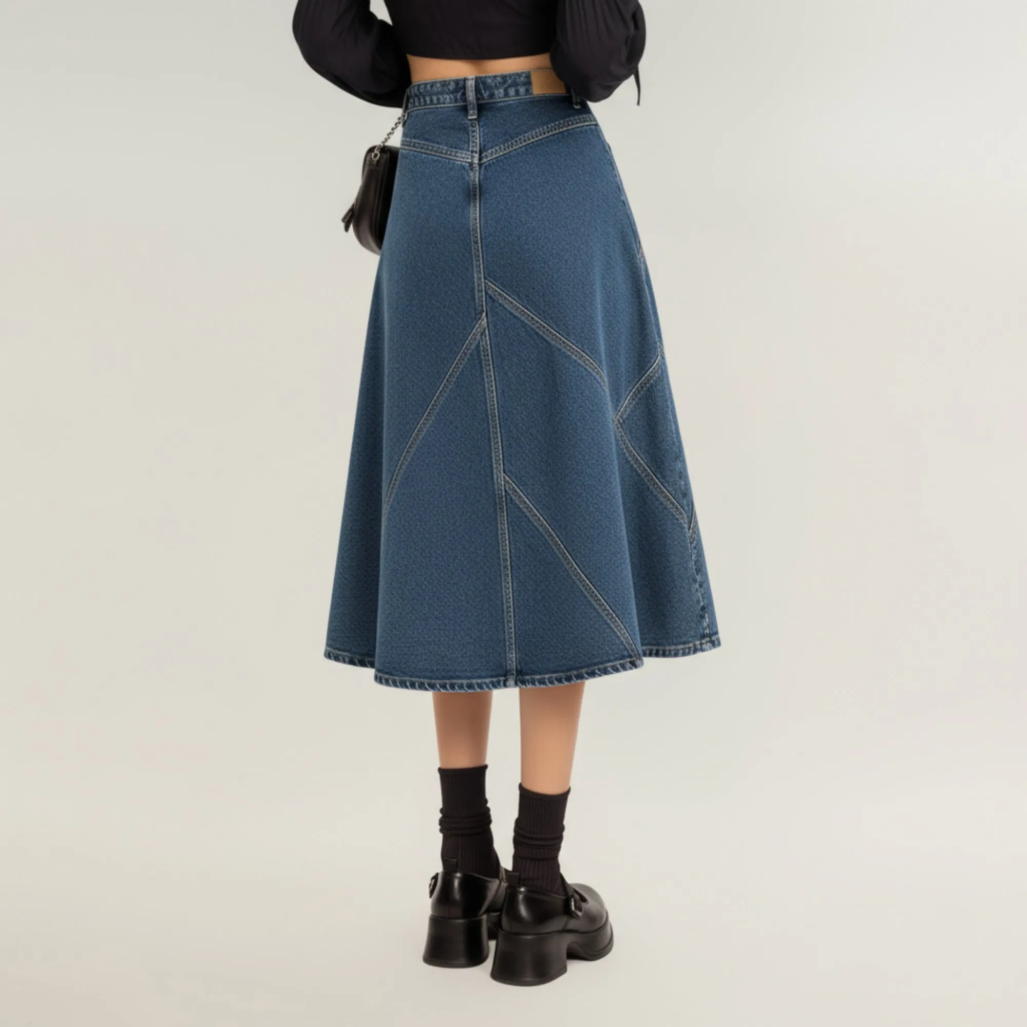 Anna-Kaci Women's High Waist Denim Midi Skirt with Patchwork Seam Detailing and Flared Silhouette sold by Anna-Kaci product image thumbnail 4