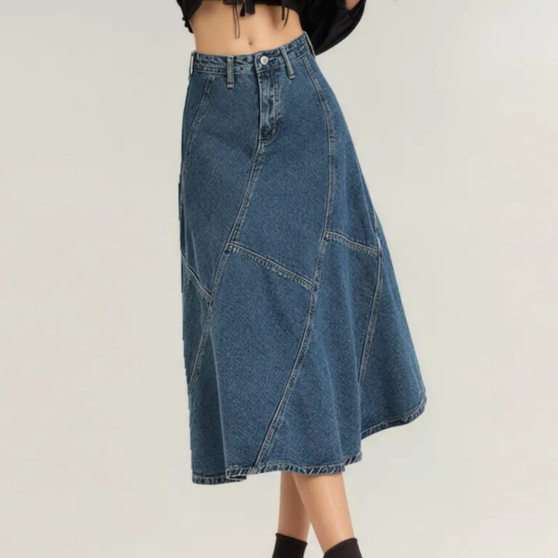 Anna-Kaci Women's High Waist Denim Midi Skirt with Patchwork Seam Detailing and Flared Silhouette sold by Anna-Kaci