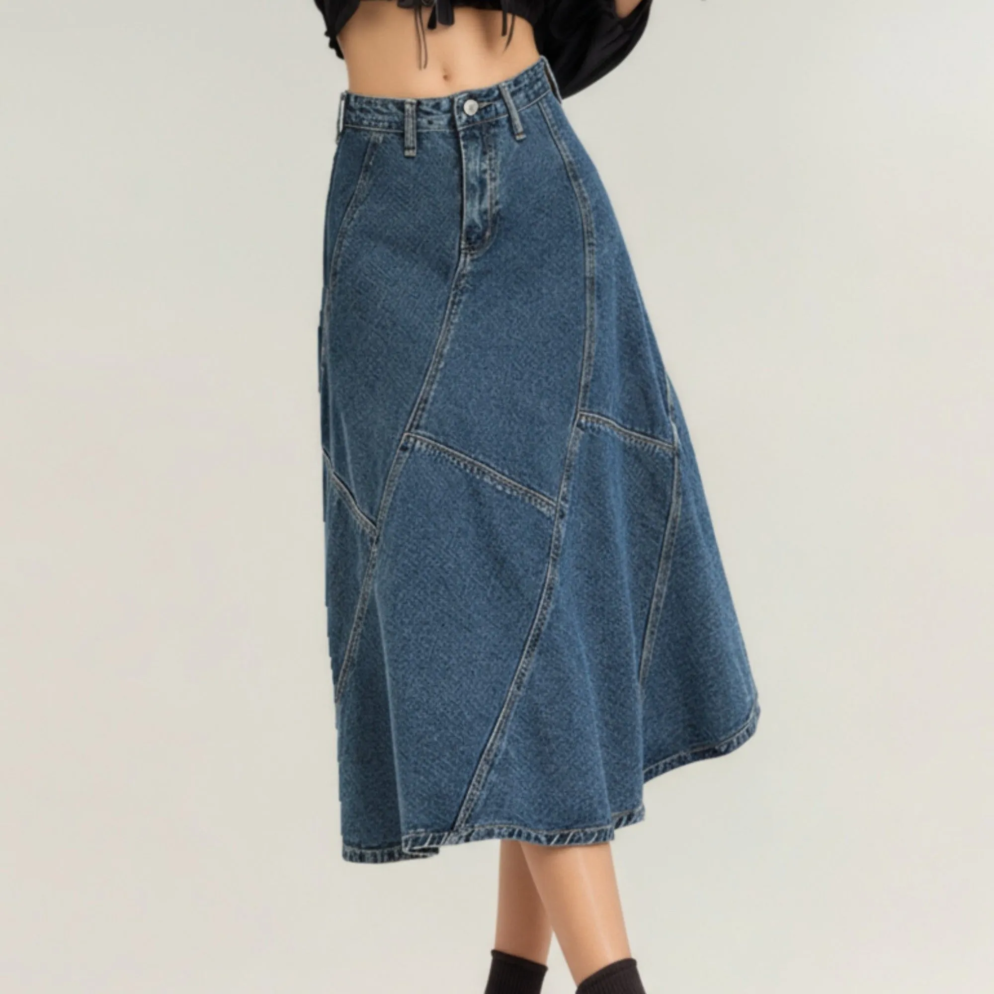 Anna-Kaci Women's High Waist Denim Midi Skirt with Patchwork Seam Detailing and Flared Silhouette sold by Anna-Kaci