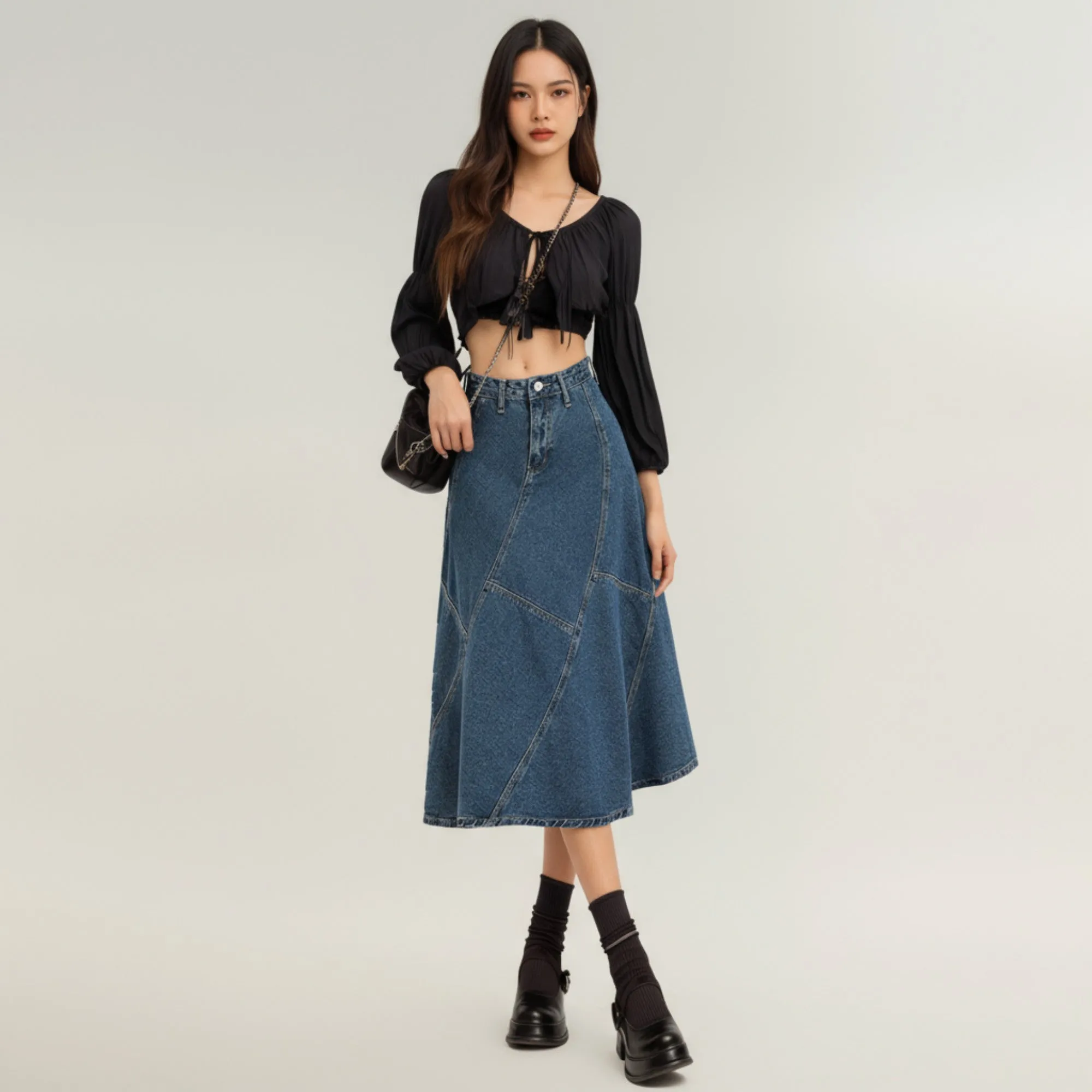 Anna-Kaci Women's High Waist Denim Midi Skirt with Patchwork Seam Detailing and Flared Silhouette sold by Anna-Kaci product image thumbnail 2