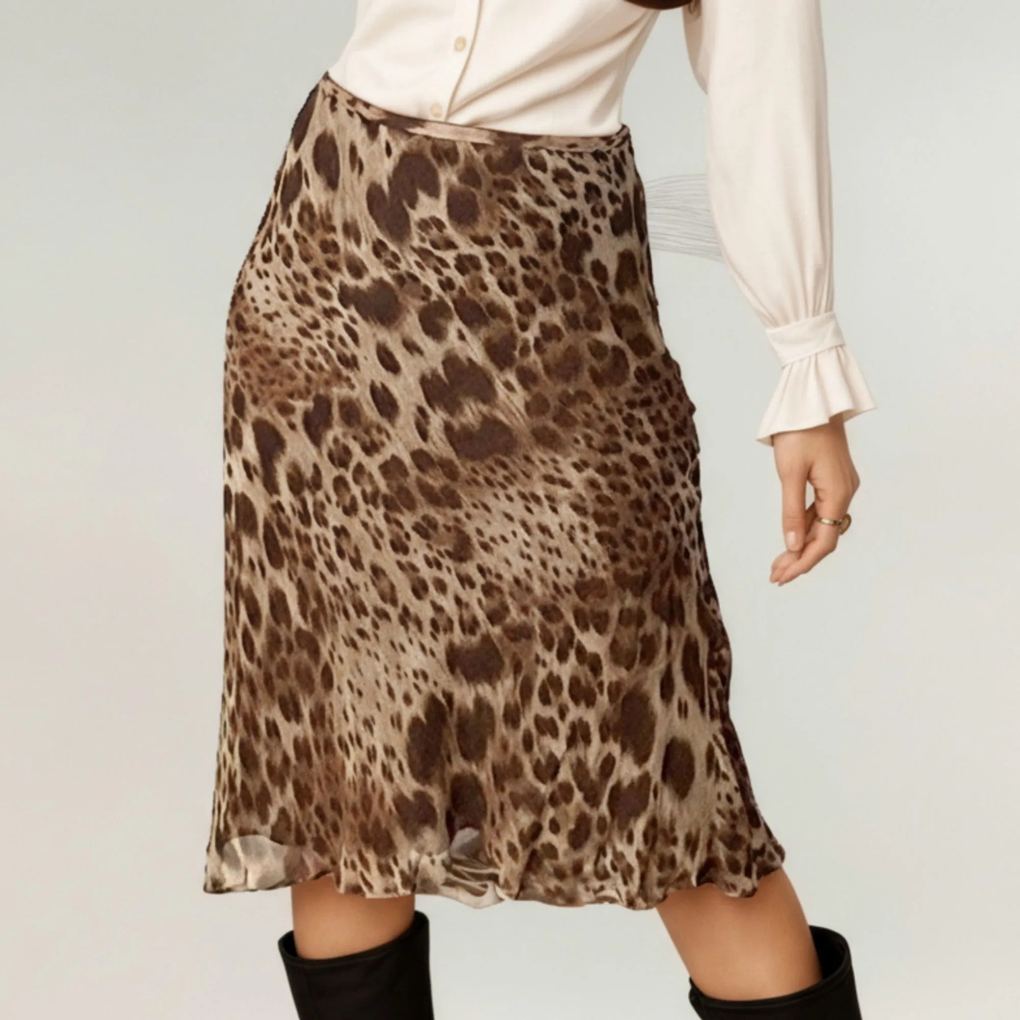 Anna-Kaci Women's Leopard Print Midi Skirt with Bias Cut and Silky Satin Finish sold by Anna-Kaci