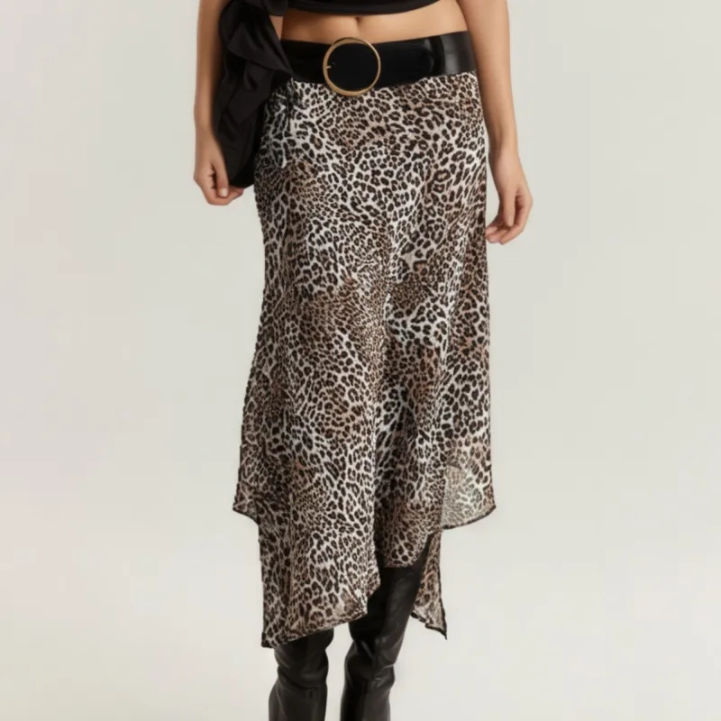 Anna-Kaci Women's Leopard Print Midi Skirt with Asymmetrical Hem and Flowing Sheer Overlay sold by Anna-Kaci