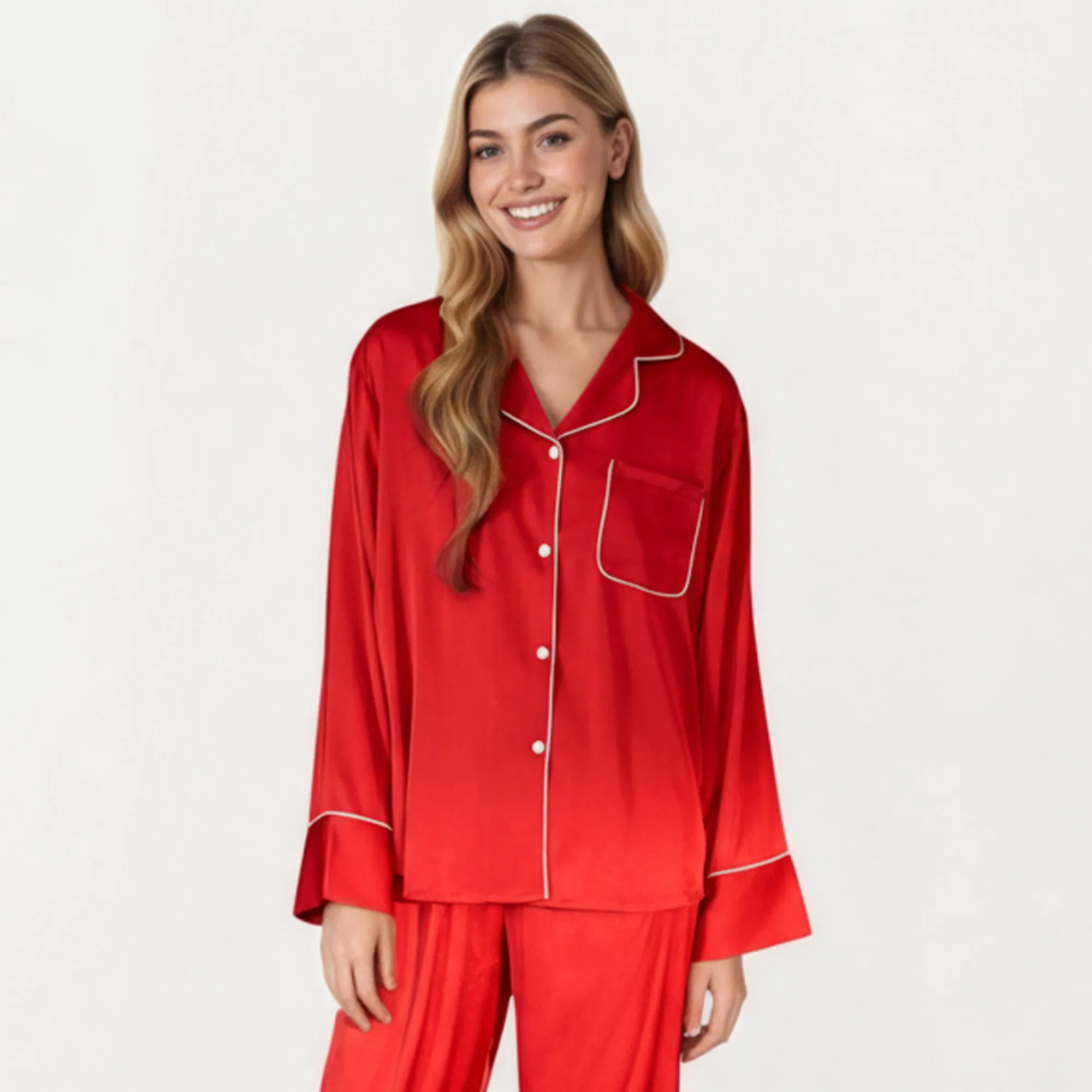 Anna-Kaci Women's 2-Piece Satin Pajama Set with Button-Down Long Sleeve Top and Piped Trim Wide-Leg Pants sold by Anna-Kaci product image thumbnail 2