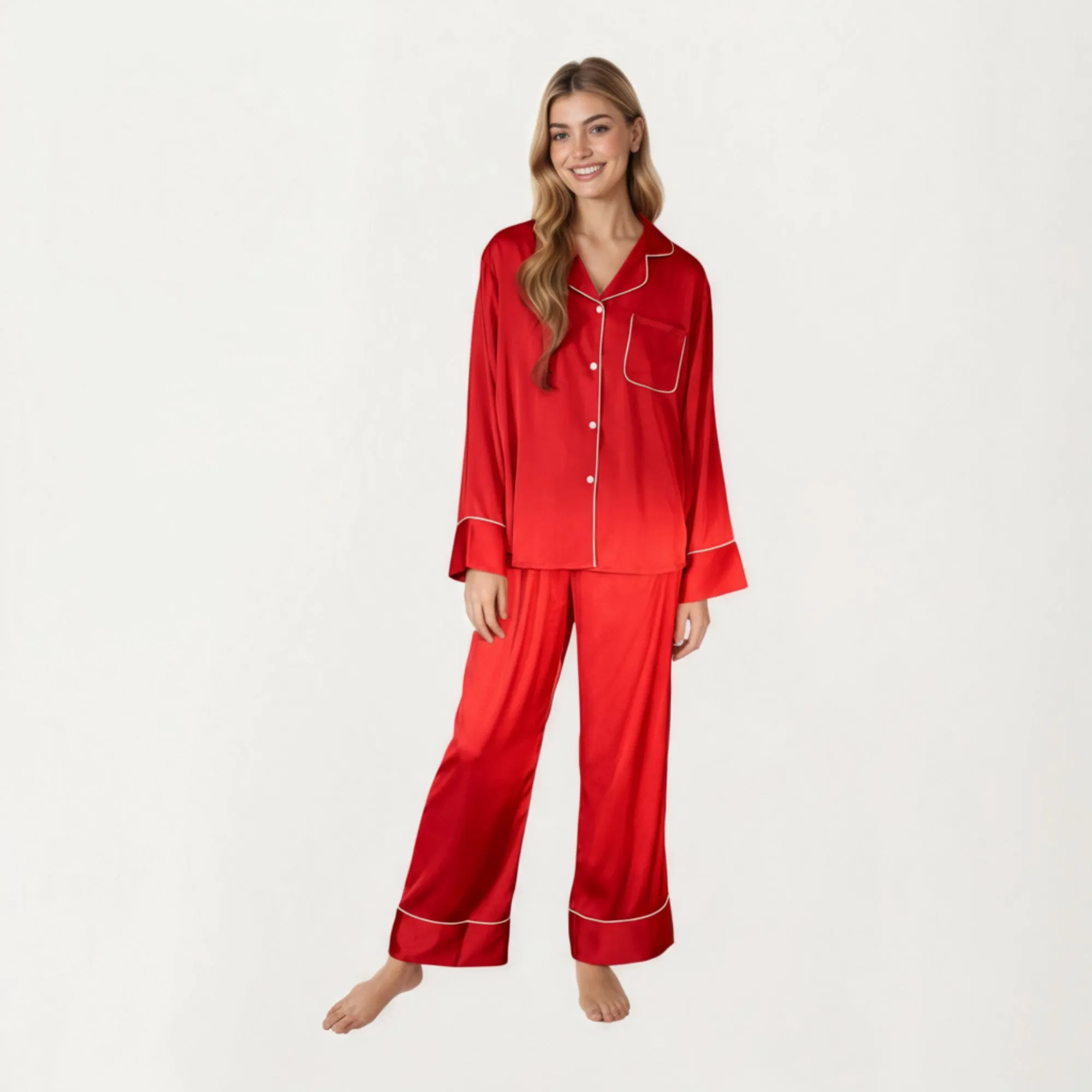 Anna-Kaci Women's 2-Piece Satin Pajama Set with Button-Down Long Sleeve Top and Piped Trim Wide-Leg Pants sold by Anna-Kaci product image thumbnail 3