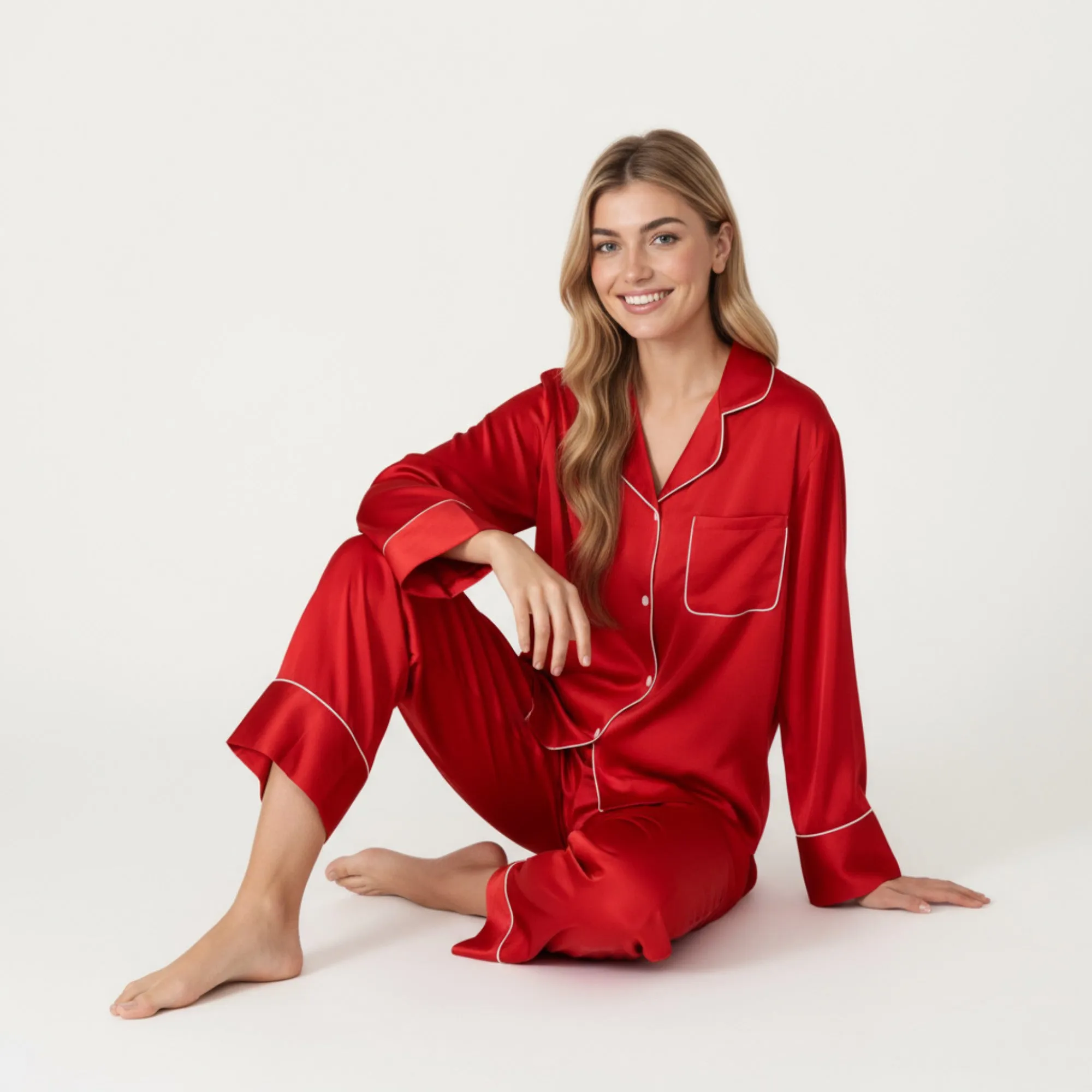 Anna-Kaci Women's 2-Piece Satin Pajama Set with Button-Down Long Sleeve Top and Piped Trim Wide-Leg Pants sold by Anna-Kaci product image thumbnail 4