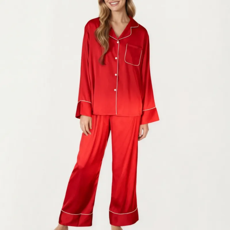 Anna-Kaci Women's 2-Piece Satin Pajama Set with Button-Down Long Sleeve Top and Piped Trim Wide-Leg Pants sold by Anna-Kaci