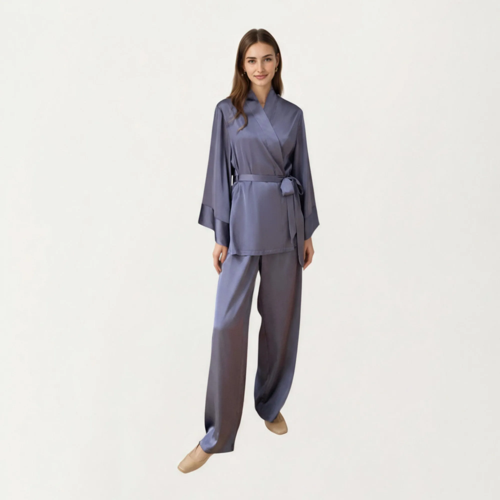Anna-Kaci Women's 2-Piece Satin Pajama Set with Kimono Sleeve Wrap Top and Wide-Leg Pants sold by Anna-Kaci product image thumbnail 3