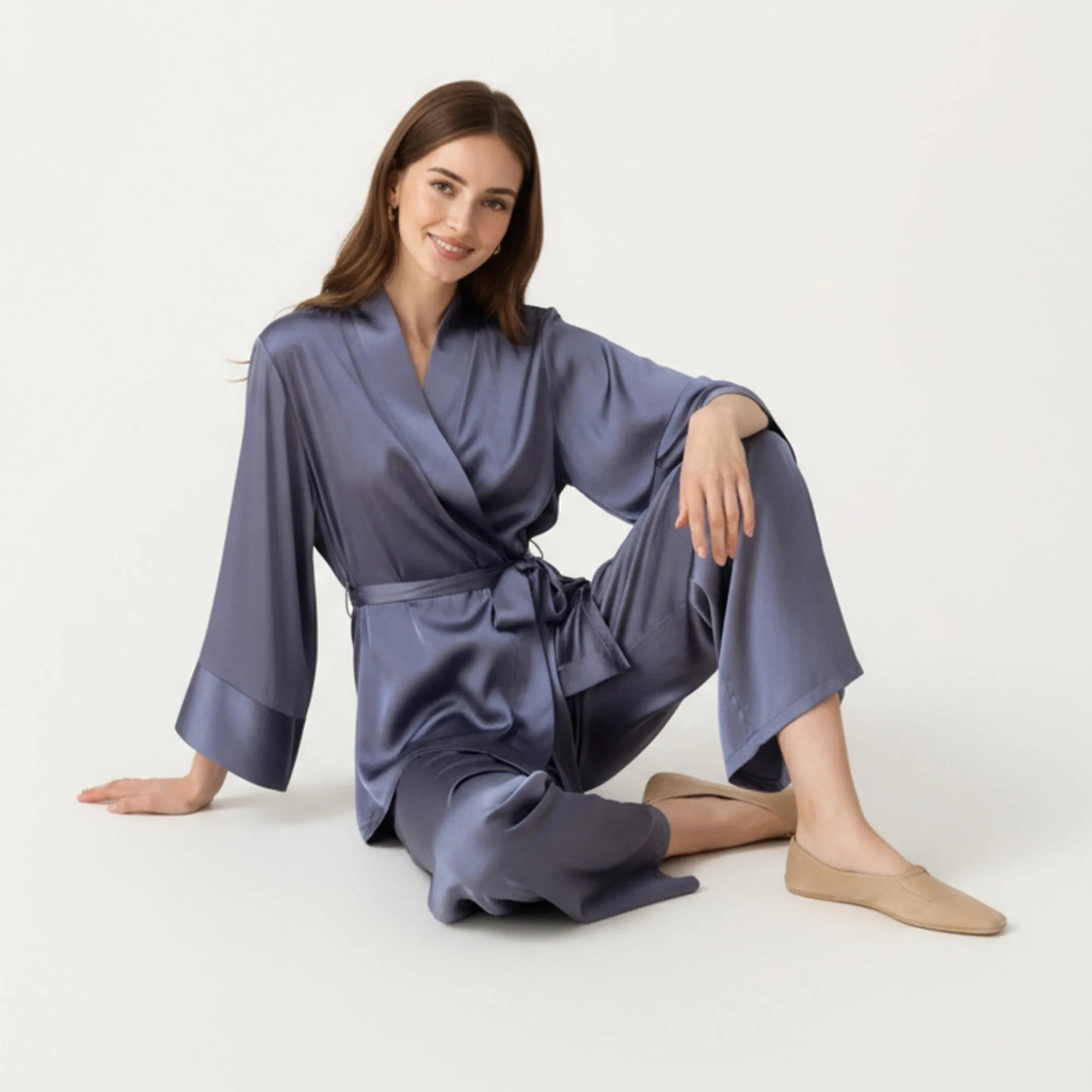 Anna-Kaci Women's 2-Piece Satin Pajama Set with Kimono Sleeve Wrap Top and Wide-Leg Pants sold by Anna-Kaci product image thumbnail 4