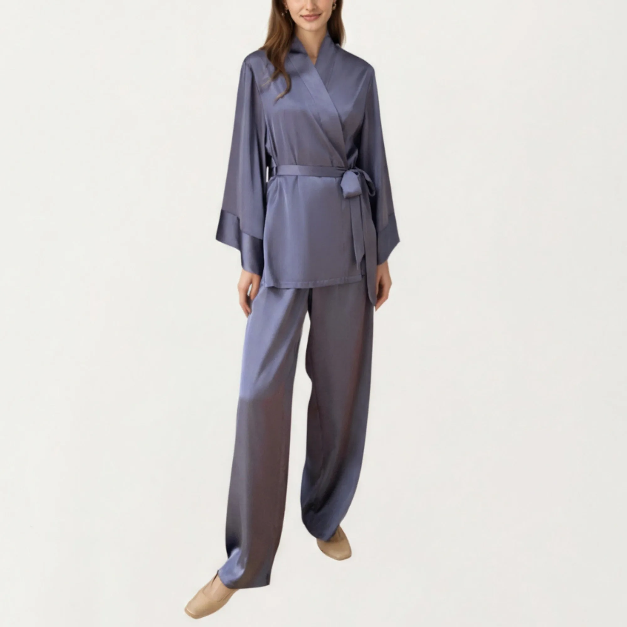 Anna-Kaci Women's 2-Piece Satin Pajama Set with Kimono Sleeve Wrap Top and Wide-Leg Pants sold by Anna-Kaci