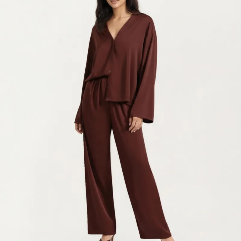 Anna-Kaci Women's 2-Piece Satin Pajama Set with Button-Down Long Sleeve Top and Relaxed Wide-Leg Pants sold by Anna-Kaci