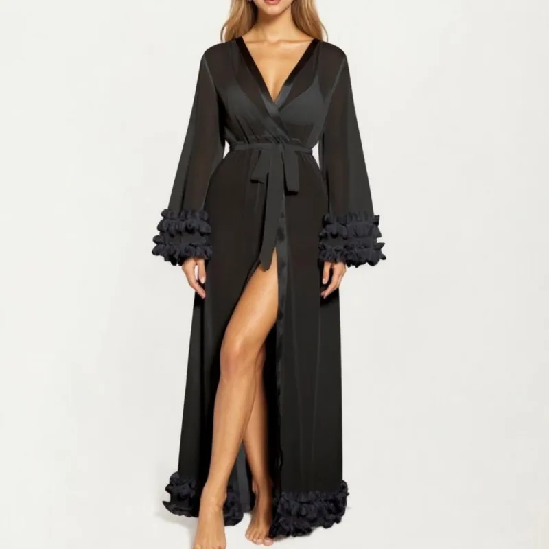 Anna-Kaci Women's Long Satin Robe with Ruffled Cuffs Hem and Tie Waist Belt sold by Anna-Kaci