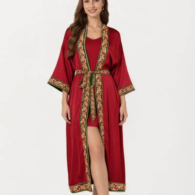 Anna-Kaci Women's Long Satin Kimono Robe with Embroidered Trim and Wide Sleeves sold by Anna-Kaci