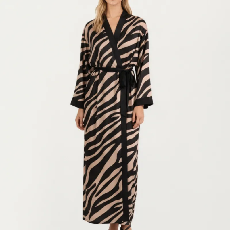 Anna-Kaci Women's Long Satin Robe with Zebra Print Pattern and Tie Waist Belt sold by Anna-Kaci
